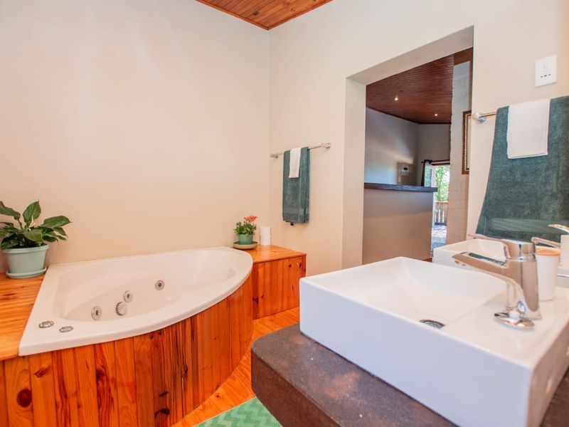 A well-maintained bathroom featuring a built-in corner spa bath with timber cladding, a modern vessel sink, and warm timber ceiling accents.