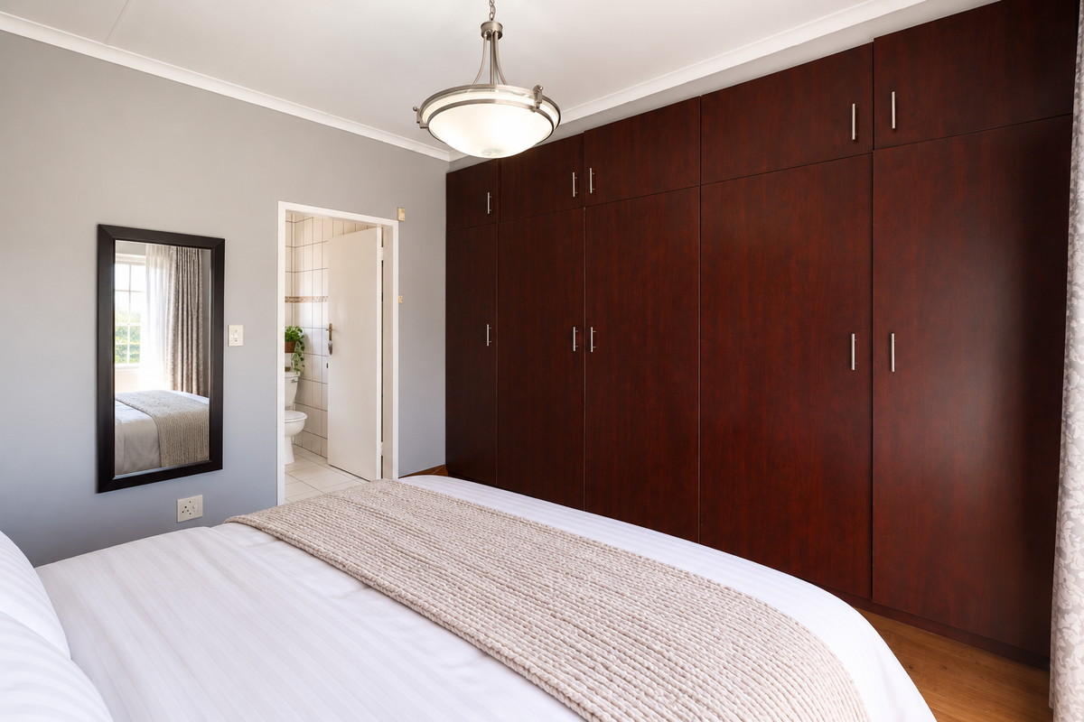 A well-maintained bedroom featuring extensive dark wood built-in cupboards, laminate flooring, and direct access to an en-suite bathroom.