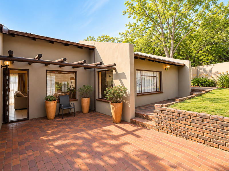 A well-maintained paved patio area featuring a timber pergola, brick retaining walls, and direct access to the interior living space.
