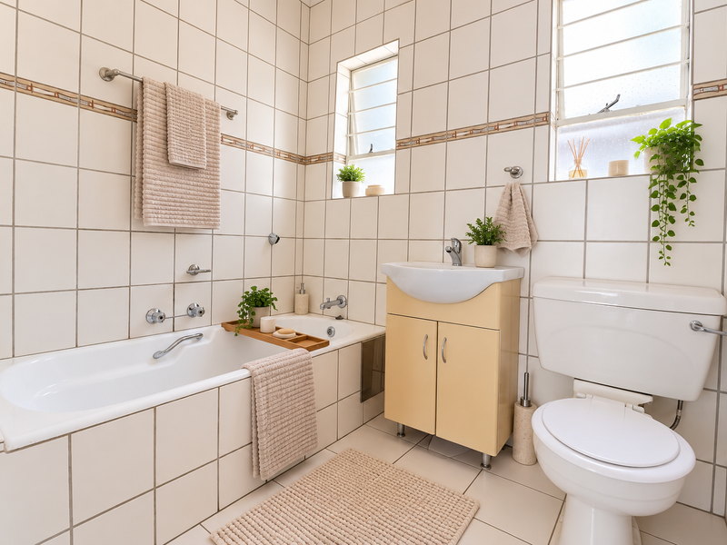 A functional bathroom featuring a built-in bathtub, a vanity cabinet with a washbasin, a toilet, and neutral wall tiling throughout.