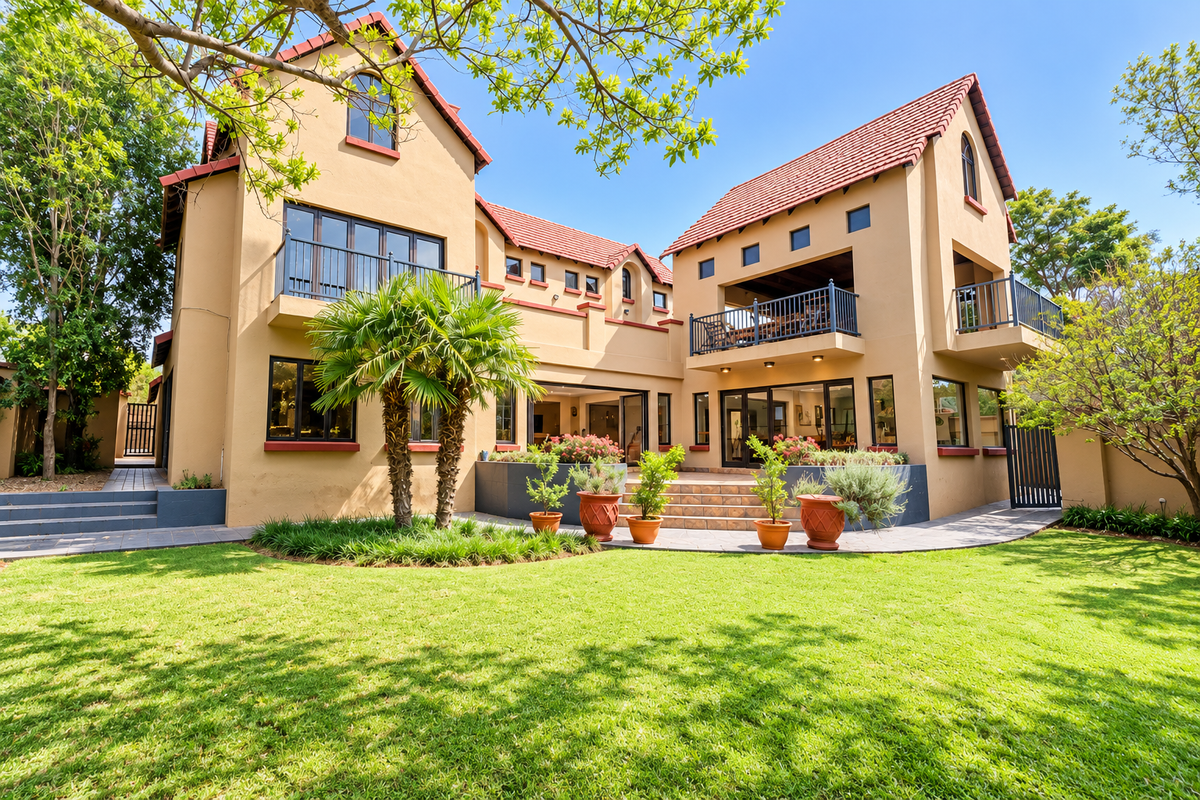 A well-maintained rear exterior view of a multi-story house featuring a landscaped garden, paved terrace, balconies, and large sliding glass doors.