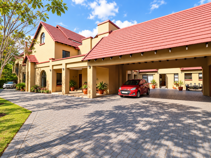 Spacious front exterior featuring a large paved driveway, covered carport, and well-maintained garden with a classic tiled roof design.