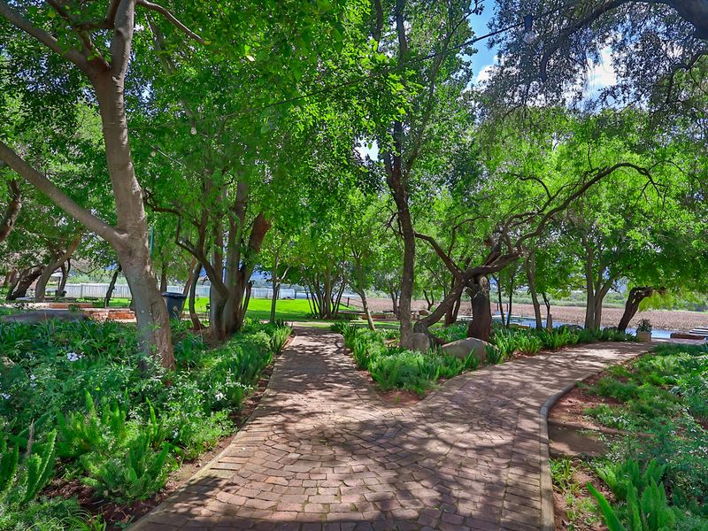 A lush, well-maintained garden featuring mature trees and a winding paved pathway, offering a serene outdoor environment.