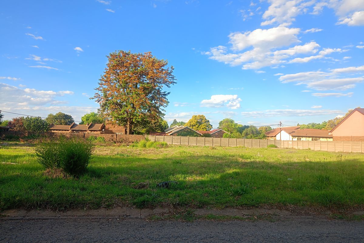 A vacant residential plot featuring a grass lawn, mature tree, and precast concrete boundary wall, viewed from the street.