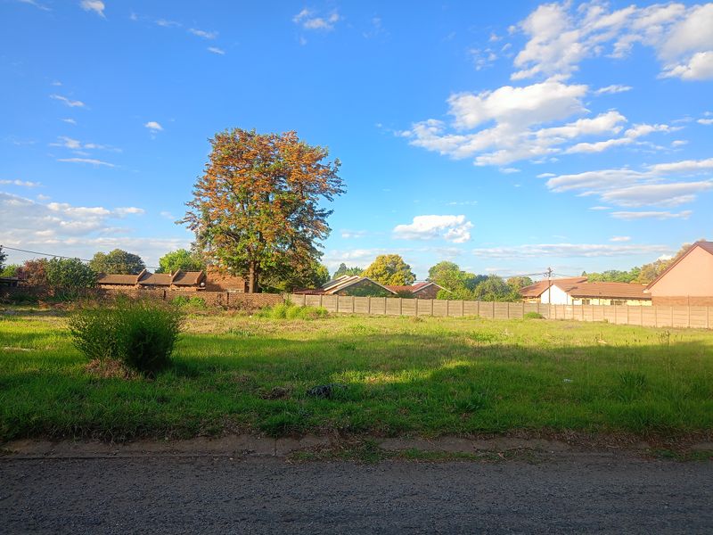 A vacant residential plot featuring a grass lawn, mature tree, and precast concrete boundary wall, viewed from the street.