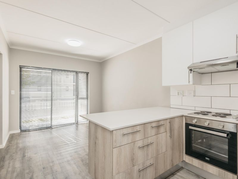 Modern open-plan kitchen and living area featuring light wood cabinetry, stone countertops, integrated appliances, and sliding glass doors leading to an outdoor space.