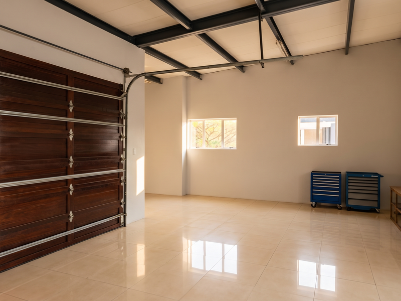Spacious, well-maintained garage featuring polished tiled flooring, exposed steel ceiling beams, and a large sectional timber garage door.