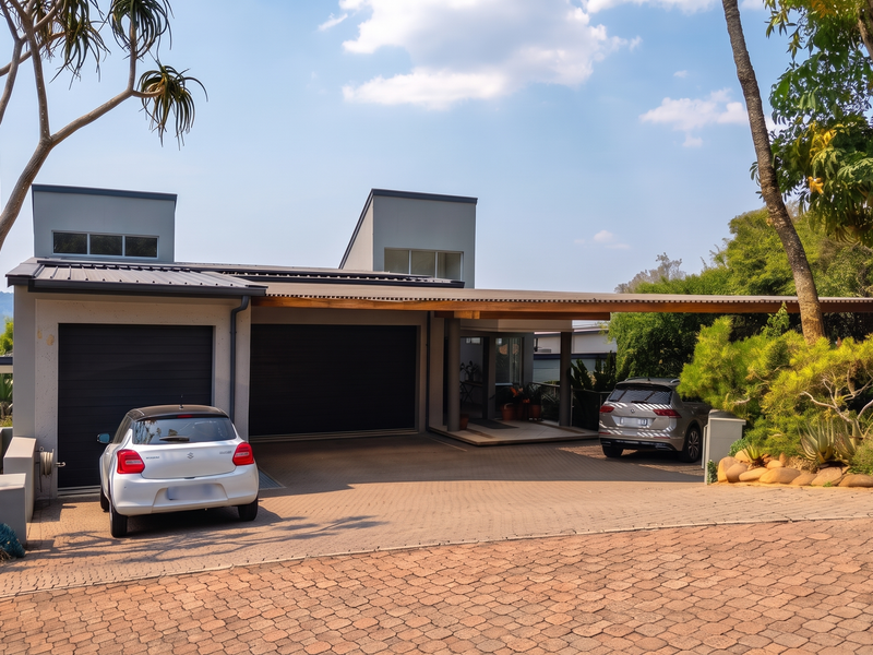 Modern contemporary home featuring a double garage, spacious paved driveway, and a covered carport, set within a beautifully landscaped garden environment.