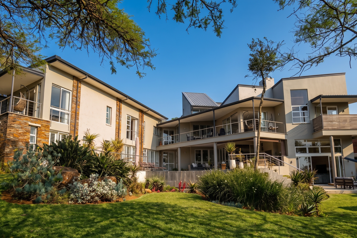 A modern multi-level residence featuring stone cladding, expansive balconies, and a covered patio overlooking a well-maintained landscaped garden.