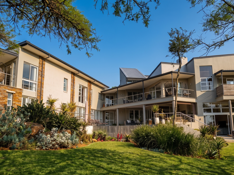 A modern multi-level residence featuring stone cladding, expansive balconies, and a covered patio overlooking a well-maintained landscaped garden.