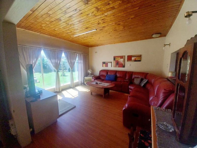 Spacious living room featuring warm timber tongue and groove ceilings, laminate flooring, and large sliding glass doors providing direct access to the garden.