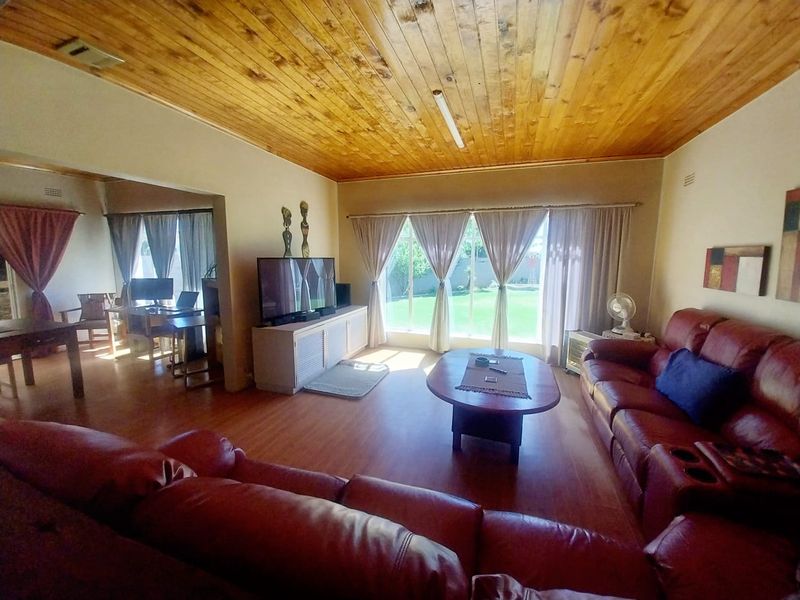 Spacious living room featuring a warm timber-clad ceiling, laminate flooring, and large windows providing natural light and views of the garden.