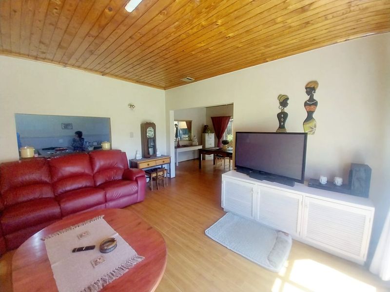 Spacious living room featuring a warm timber tongue and groove ceiling, laminate flooring, and a convenient pass-through window connecting to the kitchen area.
