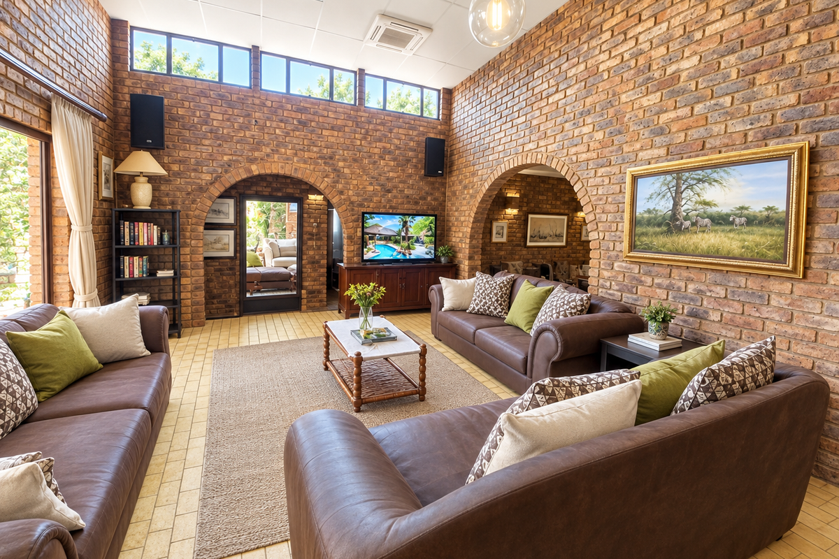 Spacious living room featuring distinctive exposed brick walls, arched architectural details, high ceilings with clerestory windows, and durable tiled flooring.