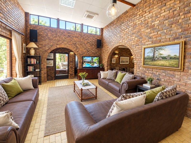 Spacious living room featuring distinctive exposed brick walls, arched architectural details, high ceilings with clerestory windows, and durable tiled flooring.