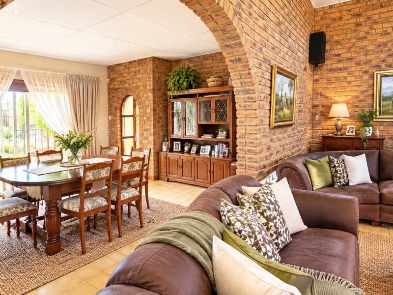 Spacious open-plan living and dining area featuring distinctive exposed brick walls, a classic brick archway, and large sliding doors leading to the garden.