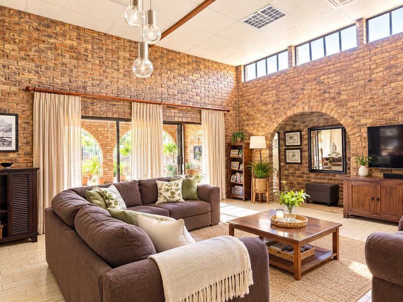 Spacious living room featuring exposed brick walls, high ceilings with clerestory windows, and elegant arched doorways leading to the outdoor area.