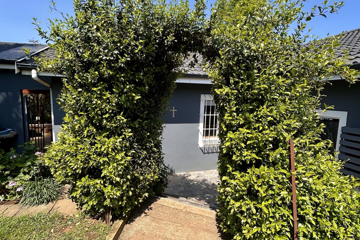 A rear exterior view featuring a paved walkway leading through a mature hedged archway toward the main dwelling with security-fitted windows.