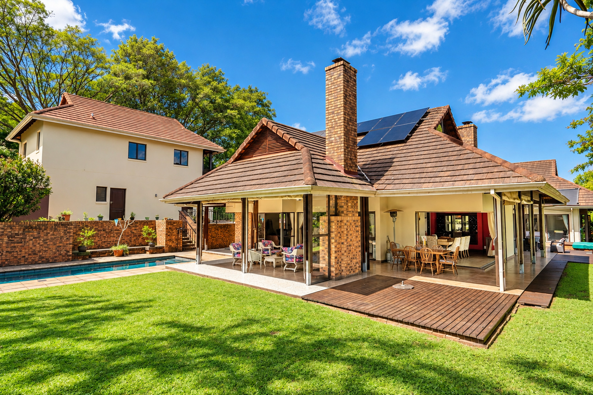 Spacious rear exterior featuring a covered patio, timber decking, swimming pool, and a well-maintained garden with brick architectural details.