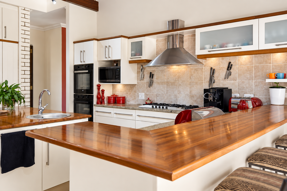 A well-appointed kitchen featuring wooden breakfast bar, stone countertops, built-in oven, gas hob, and stainless steel extractor fan with ample cabinetry.