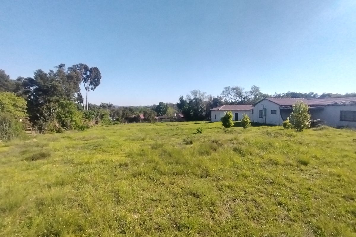A wide-angle view of a large, grassy residential plot with mature trees and neighboring structures visible in the background.