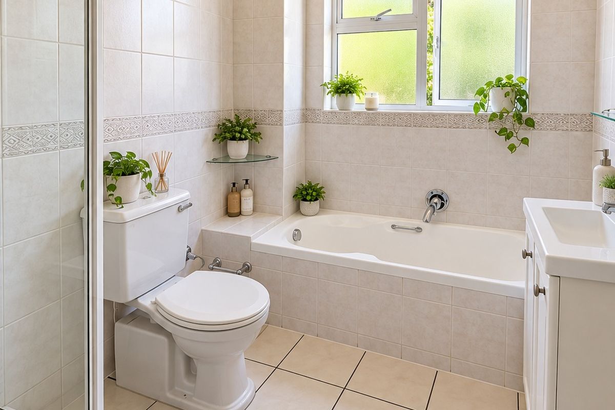 A well-maintained bathroom featuring a shower enclosure, bathtub, vanity cabinet, and neutral tiled finishes with crown molding detail.