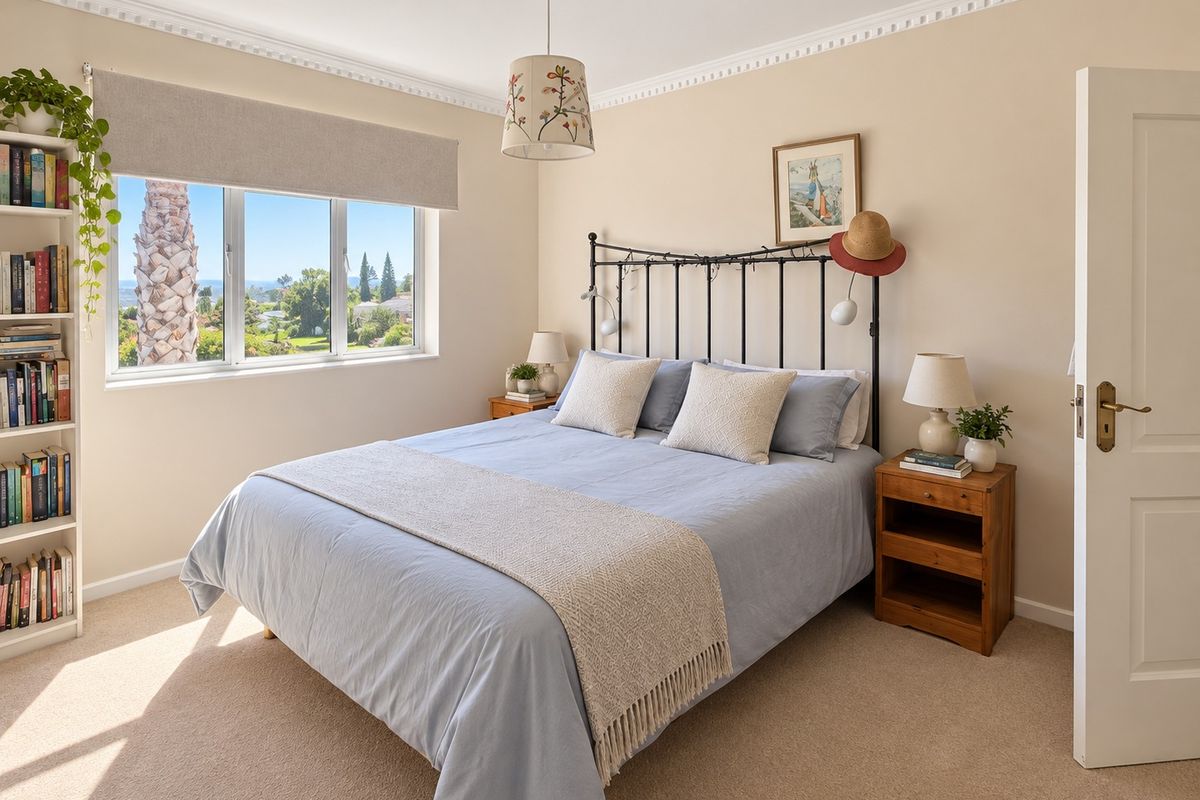 A well-maintained bedroom featuring neutral walls, crown molding, carpet flooring, and a large window with scenic views.