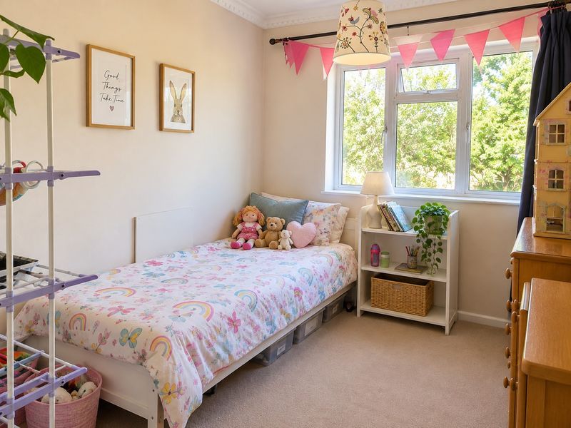 A well-maintained bedroom featuring neutral walls, carpet flooring, and a large window providing natural light and garden views.