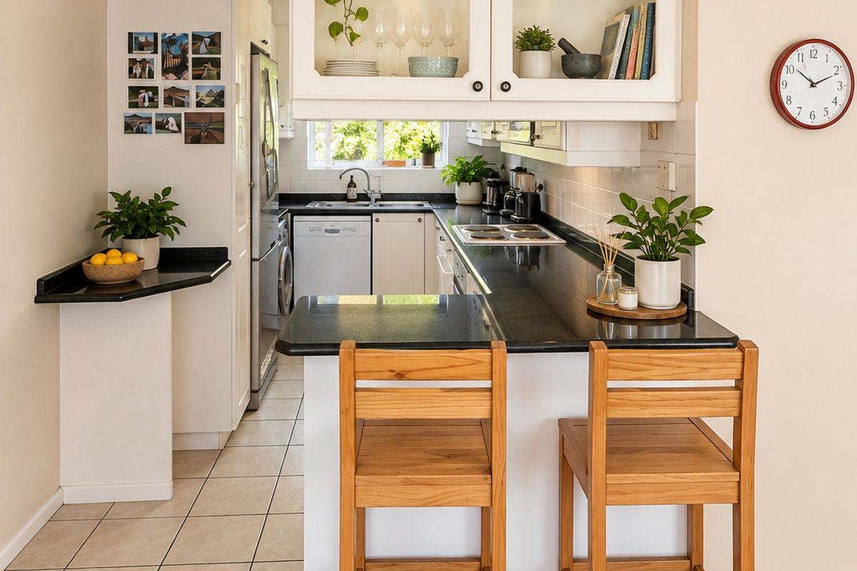 A well-maintained kitchen featuring granite countertops, glass-front cabinetry, and a convenient breakfast bar, seamlessly integrated into the living space.