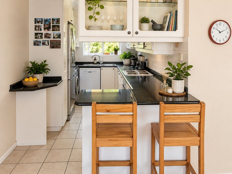 A well-maintained kitchen featuring granite countertops, glass-front cabinetry, and a convenient breakfast bar, seamlessly integrated into the living space.