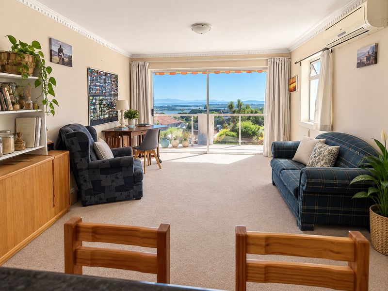 Spacious living room featuring crown molding, a split-system air conditioner, and large sliding glass doors opening to a balcony with scenic views.