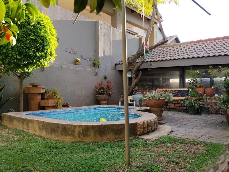 A private backyard area featuring a raised swimming pool, paved patio space, and established garden elements, offering a cozy outdoor entertainment setting.