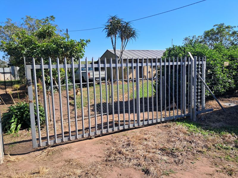Front view of the property featuring a secure steel gate, electric fencing, and a metal-roofed structure set within a natural garden setting.