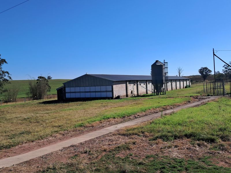 A large agricultural shed featuring a metal roof and an attached silo, situated on a rural small holding with surrounding pasture and fencing.