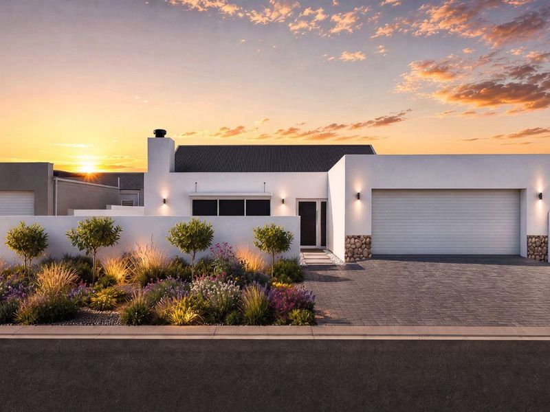 Modern single-story home featuring a paved driveway, integrated garage, stone accents, and a beautifully landscaped front garden at sunset.