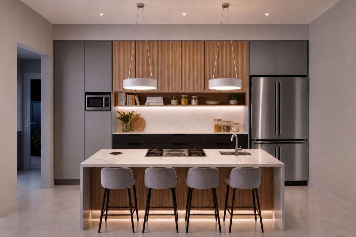 Modern kitchen featuring a central island with stone benchtop, integrated appliances, sleek cabinetry, and sophisticated pendant and under-cabinet lighting.