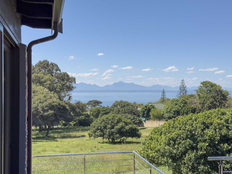 A scenic elevated view overlooking a lush green landscape, mature trees, and the ocean with distant mountain ranges under a clear blue sky.