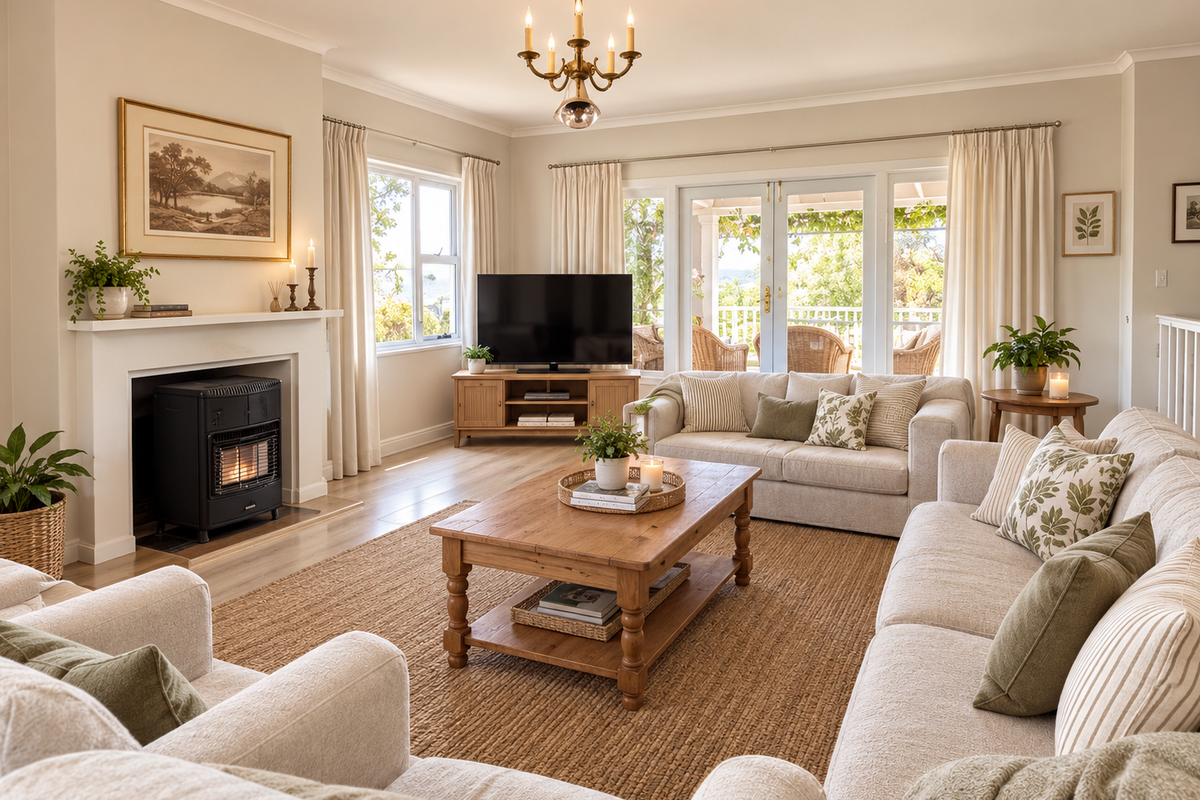 A bright and inviting living room featuring a cozy fireplace with a wood-burning stove, hardwood floors, and French doors leading to an outdoor patio.
