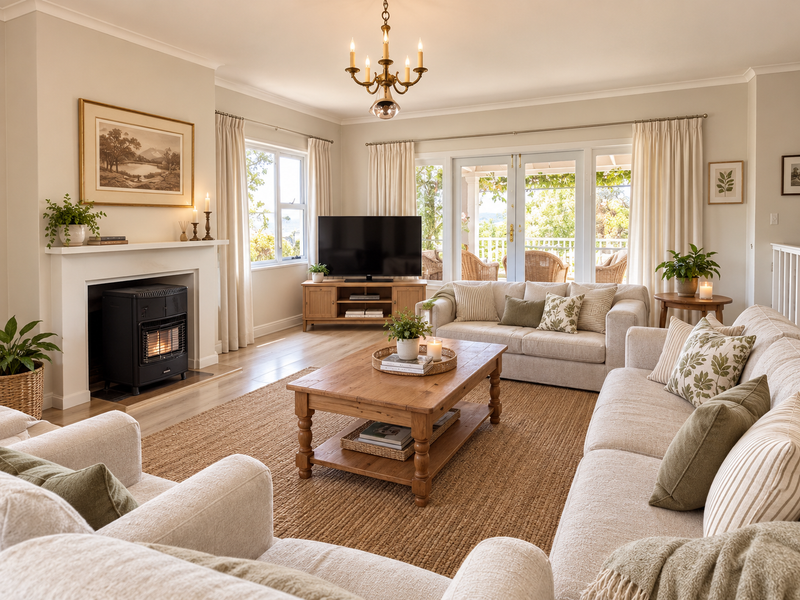 A bright and inviting living room featuring a cozy fireplace with a wood-burning stove, hardwood floors, and French doors leading to an outdoor patio.