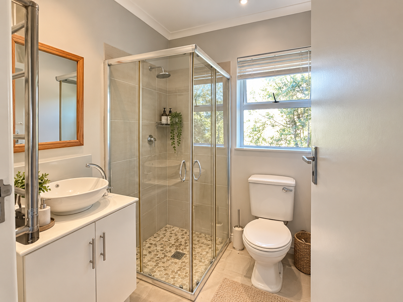 A modern, well-maintained bathroom featuring a vessel sink vanity, a glass-enclosed shower with pebble flooring, and a toilet.