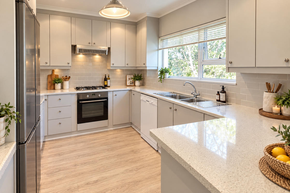 Modern, well-appointed kitchen featuring stone benchtops, subway tile splashback, integrated appliances, and ample cabinetry, finished with light wood-look flooring.