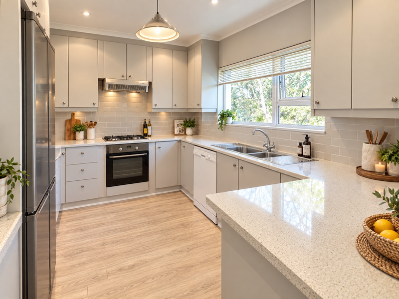 Modern, well-appointed kitchen featuring stone benchtops, subway tile splashback, integrated appliances, and ample cabinetry, finished with light wood-look flooring.