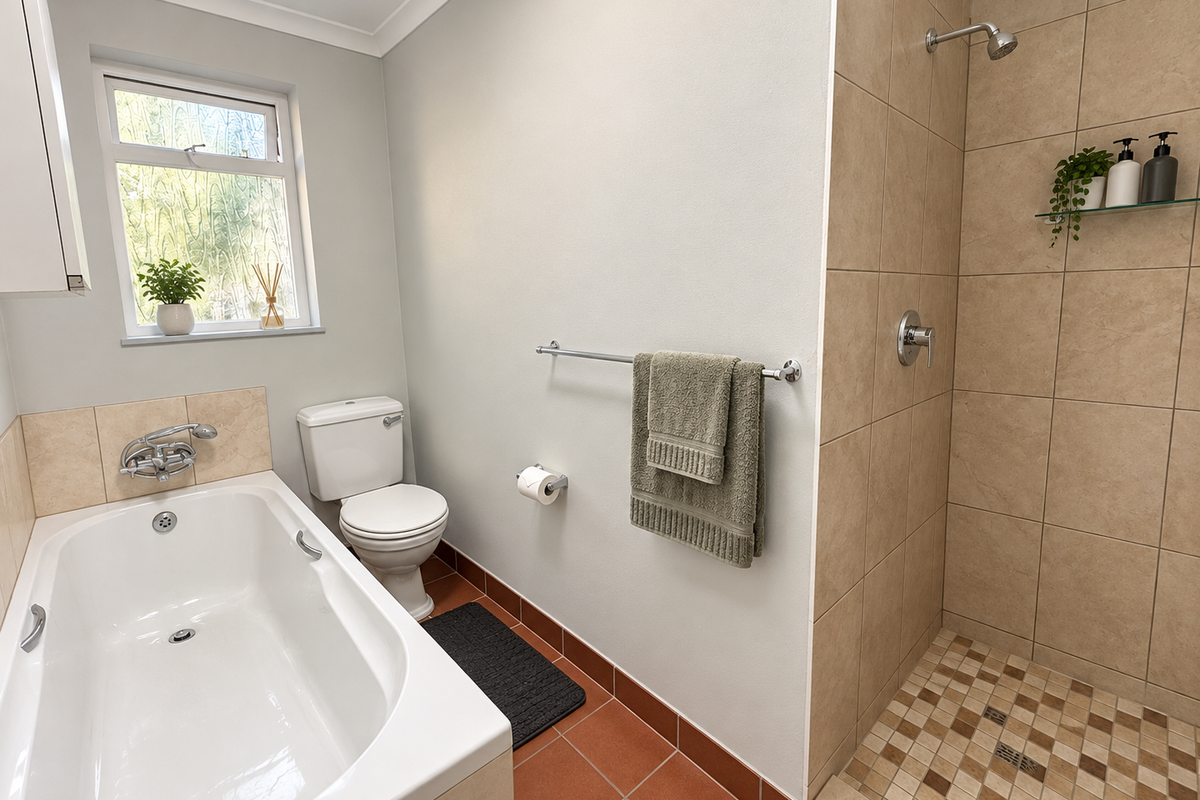 A well-maintained bathroom featuring a separate bathtub and shower enclosure with neutral tiling and functional fixtures.