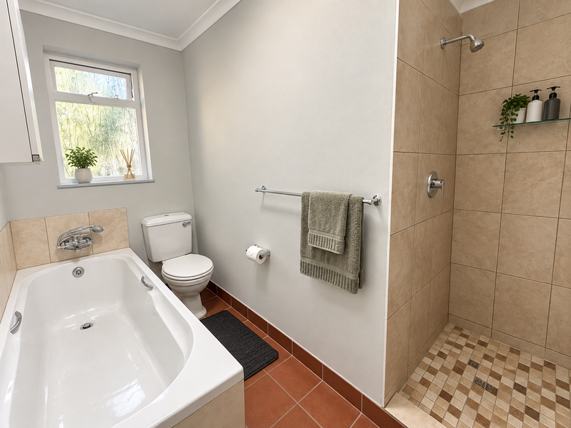 A well-maintained bathroom featuring a separate bathtub and shower enclosure with neutral tiling and functional fixtures.
