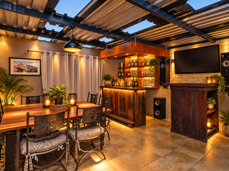 A well-appointed covered patio featuring a built-in bar, stone accent wall, and corrugated metal roof with integrated skylights, creating an ideal outdoor entertainment space.