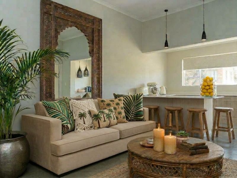 A bright open-plan living and kitchen area featuring a breakfast island, modern pendant lighting, and neutral finishes throughout.