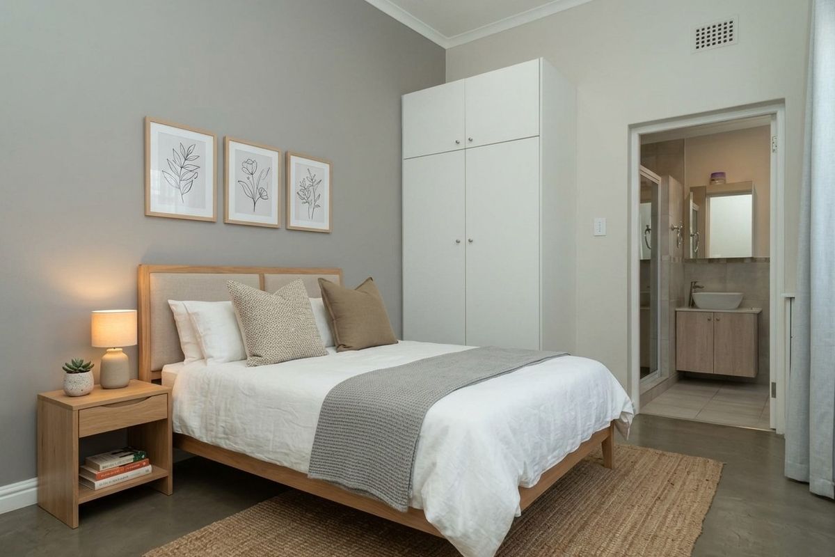 A well-presented bedroom featuring polished concrete floors, a built-in wardrobe, and direct access to an en-suite bathroom.