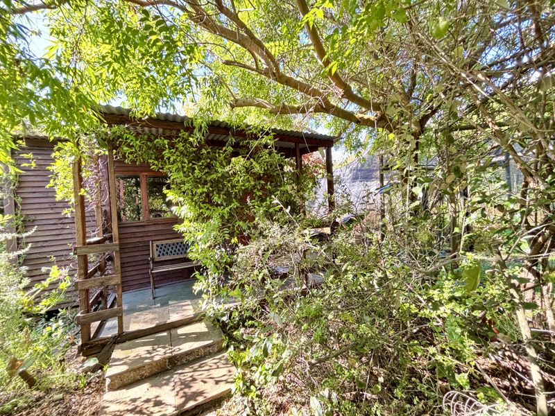 A rustic timber structure with a covered patio and stone steps, surrounded by dense, overgrown garden foliage.