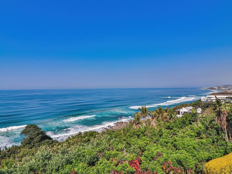 A stunning elevated coastal view overlooking the ocean, lush green vegetation, and the surrounding coastline.