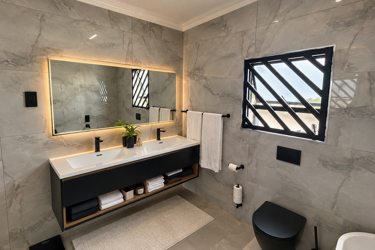 Modern bathroom featuring a sleek double vanity with black tapware, backlit mirror, wall-mounted toilet, and contemporary grey marble-look wall and floor tiles.